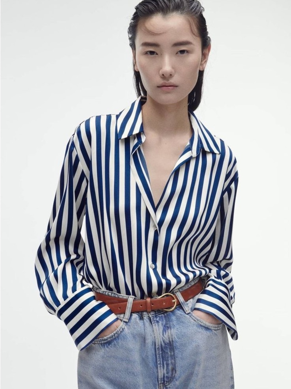 Zara Royal Blue & White Vertical Stripe Satin Blouse